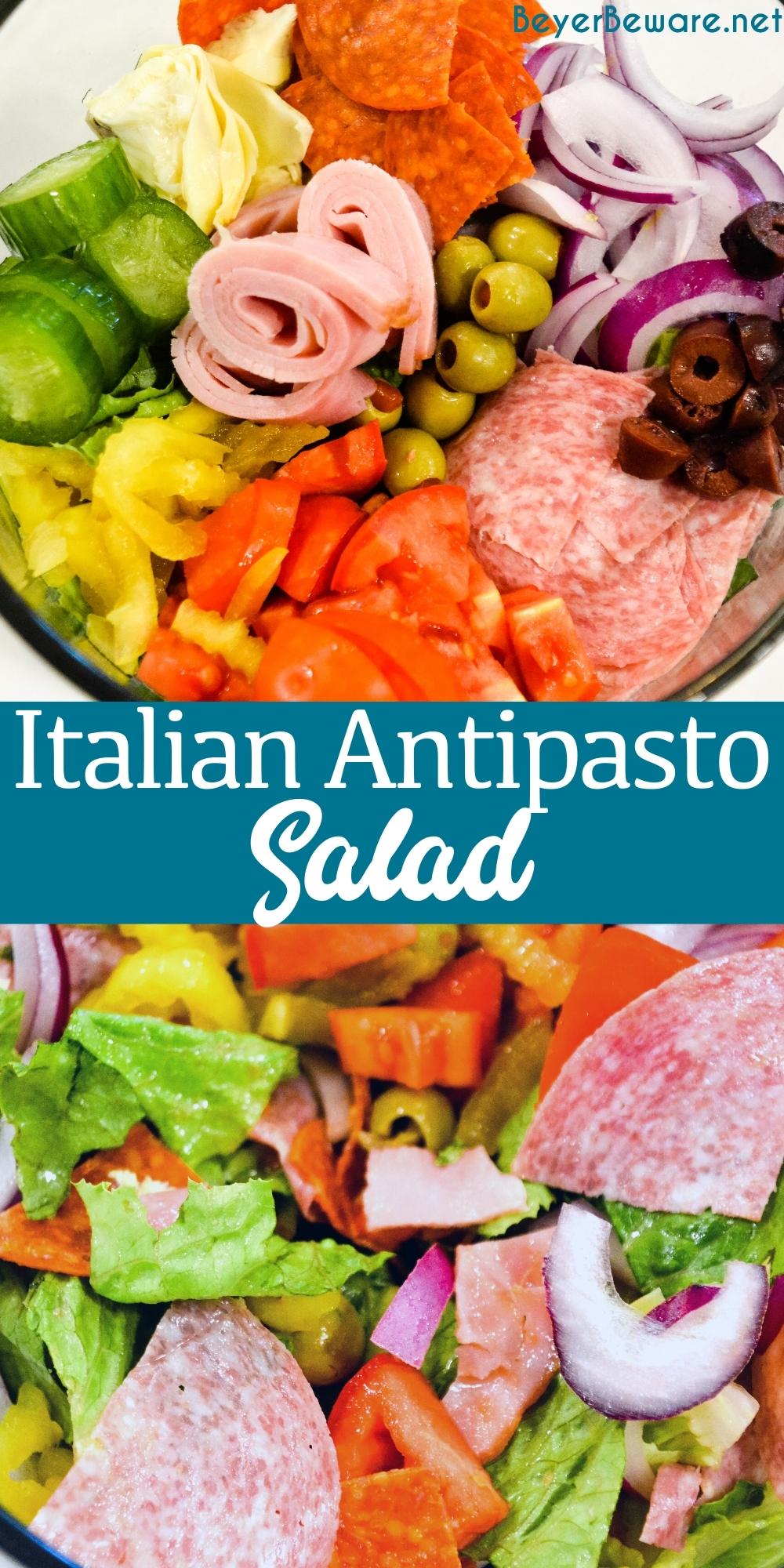 Italian antipasto salad is a hearty dinner salad with a romaine lettuce base and filled up with salami, pepperoni, tomatoes, cucumbers, onions, olives, banana peppers, artichoke hearts and cheese dressed with a homemade Italian dressing.