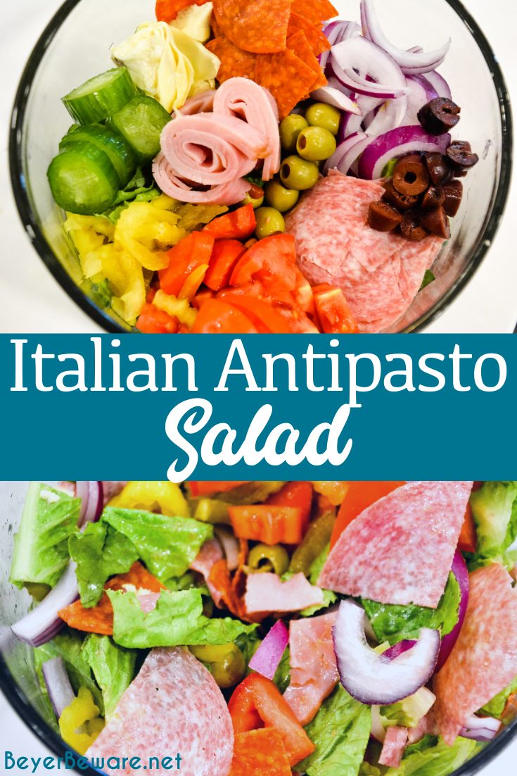 Italian antipasto salad is a hearty low-carb dinner salad filled with romaine lettuce, salami, pepperoni, tomatoes, cucumbers, onions, olives, banana peppers, and cheese dressed with a homemade Italian dressing. It is like a meaty version of the Olive Garden salad.