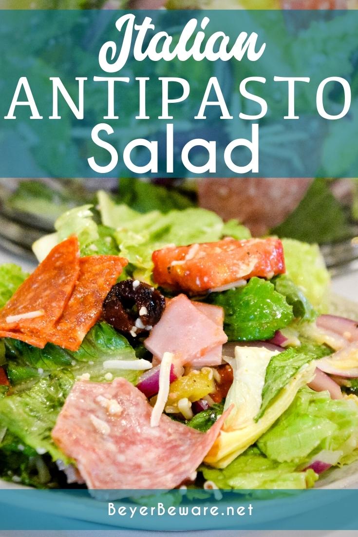 Italian antipasto salad is a hearty dinner salad with a romaine lettuce base and filled up with salami, pepperoni, tomatoes, cucumbers, onions, olives, banana peppers, artichoke hearts and cheese dressed with a homemade Italian dressing.