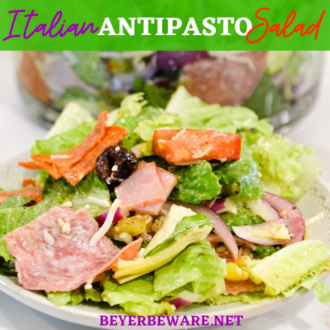 Italian antipasto salad is a hearty dinner salad with a romaine lettuce base and filled up with salami, pepperoni, tomatoes, cucumbers, onions, olives, banana peppers, and cheese dressed with a homemade Italian dressing.