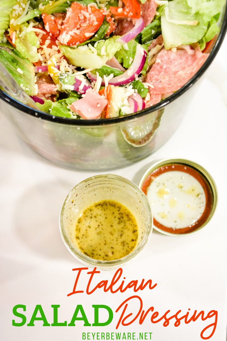 Homemade Italian Salad dressing combines simple tangy red wine vinegar and lemon juice with dijon mustard and olive oil with Italian herbs and seasonings for a simple homemade dressing recipe.