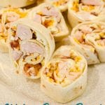 Chicken bacon ranch roll-ups are a quick tortilla wrap sandwich recipe sliced into pinwheels and filled with ranch cream cheese, chicken, bacon, and cheese.