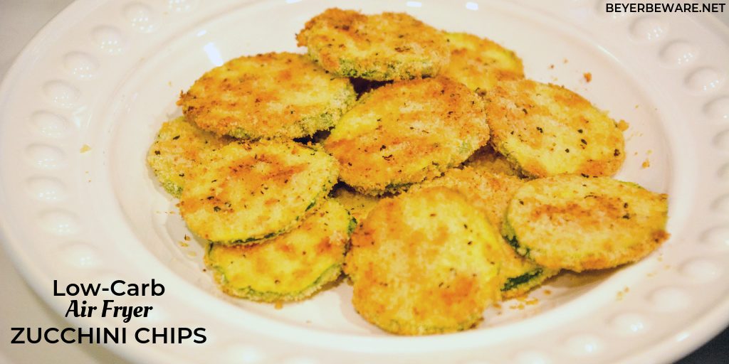 Low-Carb Air Fryer Zucchini Chips are made with sliced zucchini, almond flour, parmesan cheese, steak seasoning and eggs and ready in 10 minutes in the Ninja Foodi or air fryer.