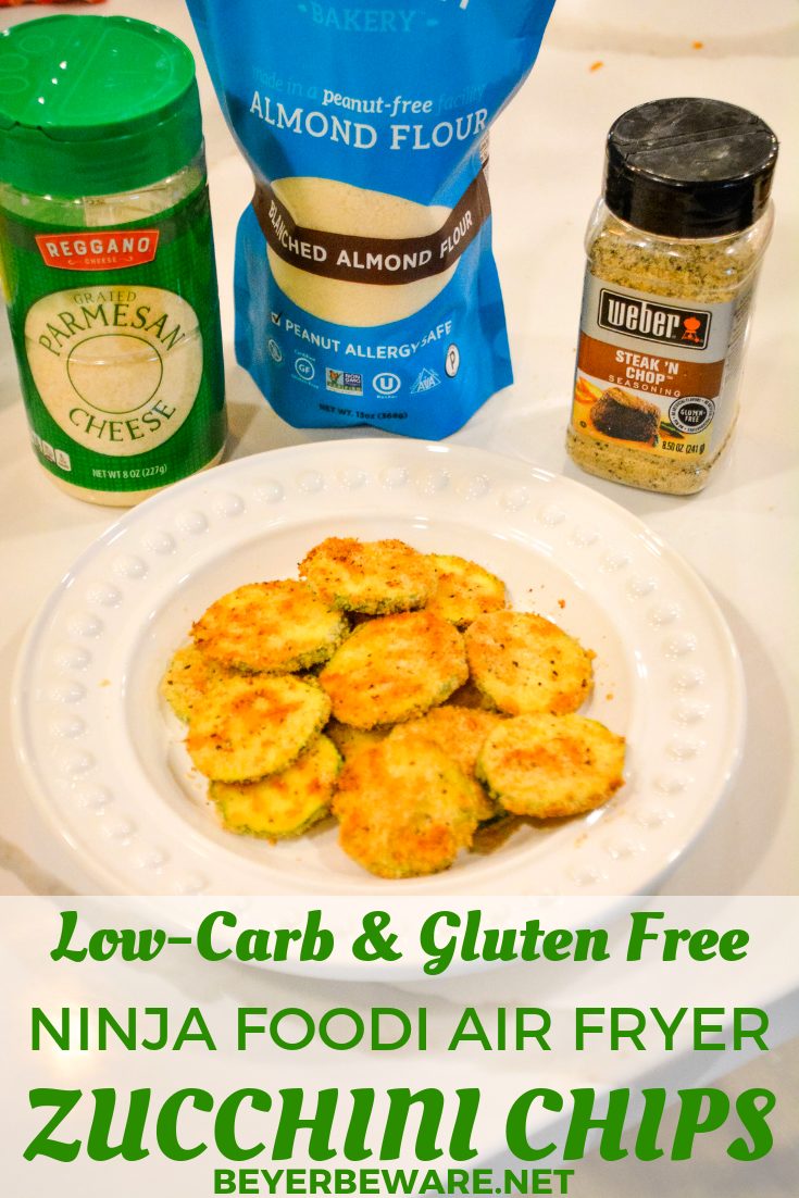 Low-Carb Air Fryer Zucchini Chips are made with sliced zucchini, almond flour, parmesan cheese, steak seasoning and eggs and ready in 10 minutes in the Ninja Foodi or air fryer.