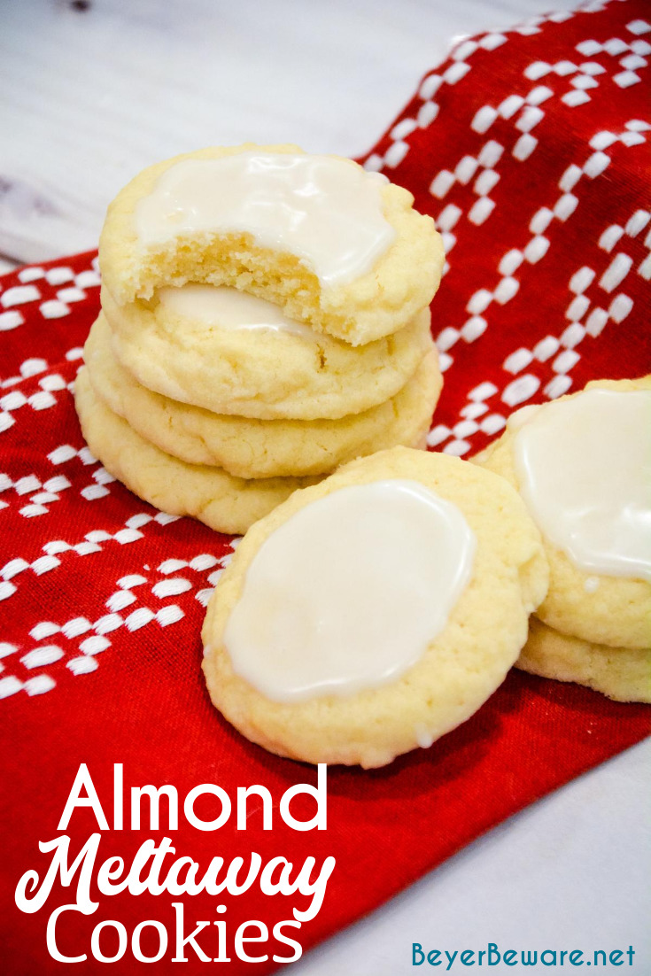 Almond Meltaway Cookies are a simple shortbread style cookie with almond flavoring and a simple almond-flavored icing.