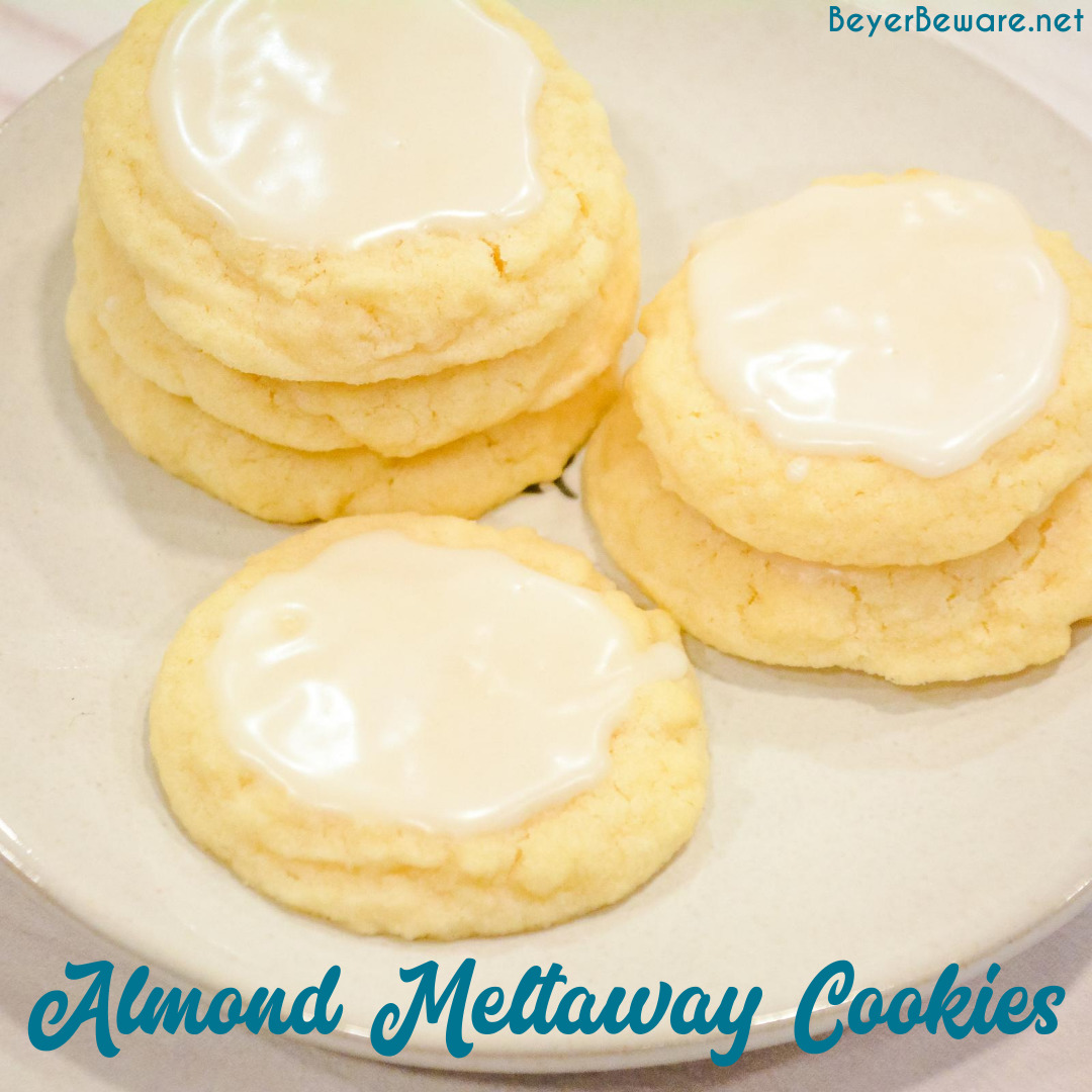 Almond Meltaway Cookies are a simple shortbread style cookie with almond flavoring and a simple almond-flavored icing.
