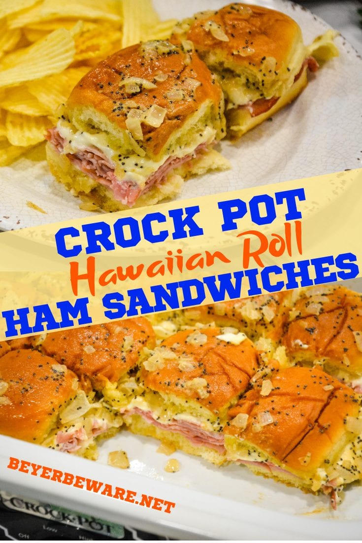 Crock pot Hawaiian roll ham sandwiches are the warm buttery mustard ham sandwich recipe made with onions, poppy seeds, and Swiss cheese without needing to bake them with the same results.