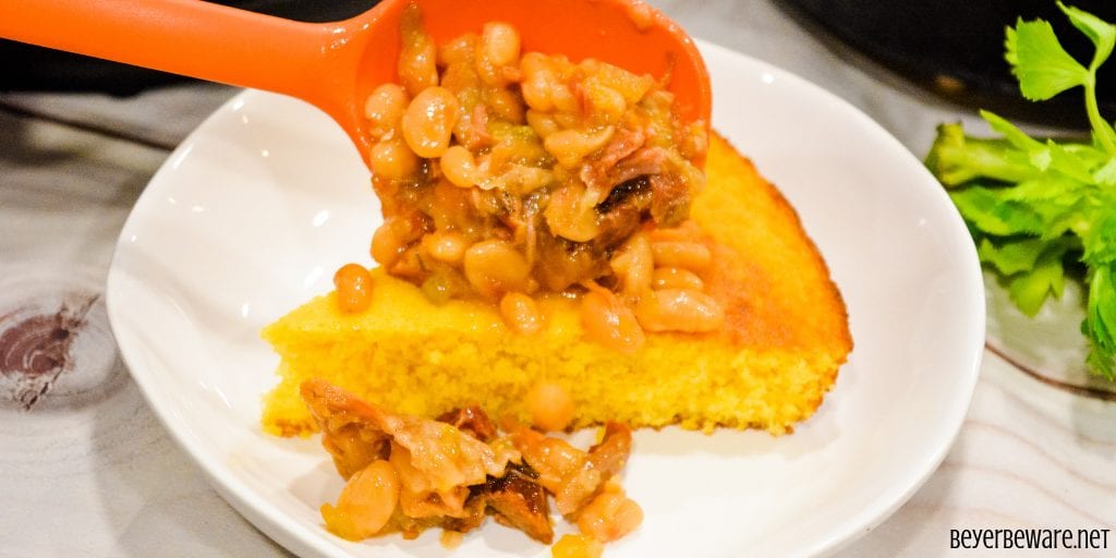 Instant Pot Ham and Beans served over freshly baked cornbread is the ultimate comfort food made in just a fraction of the time compared to a slow cooker.