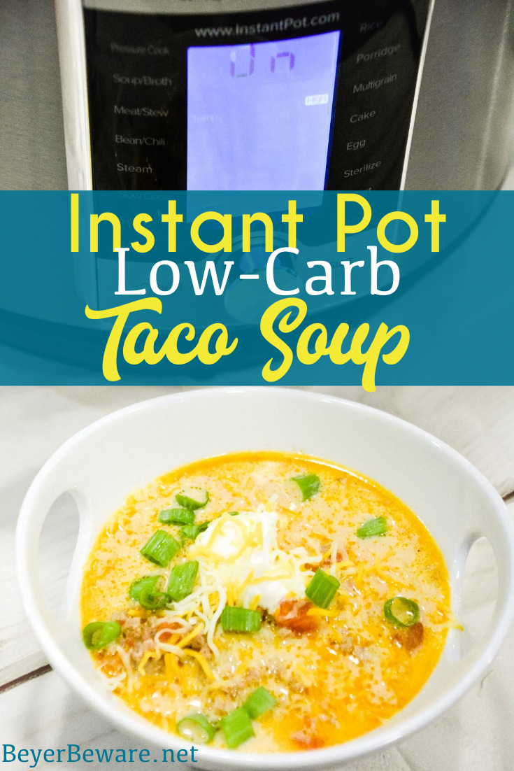 Instant Pot Low-Carb Taco Soup is a simple 5 ingredient taco soup that is done in under 30 minutes and is one of our favorite keto soup recipes.