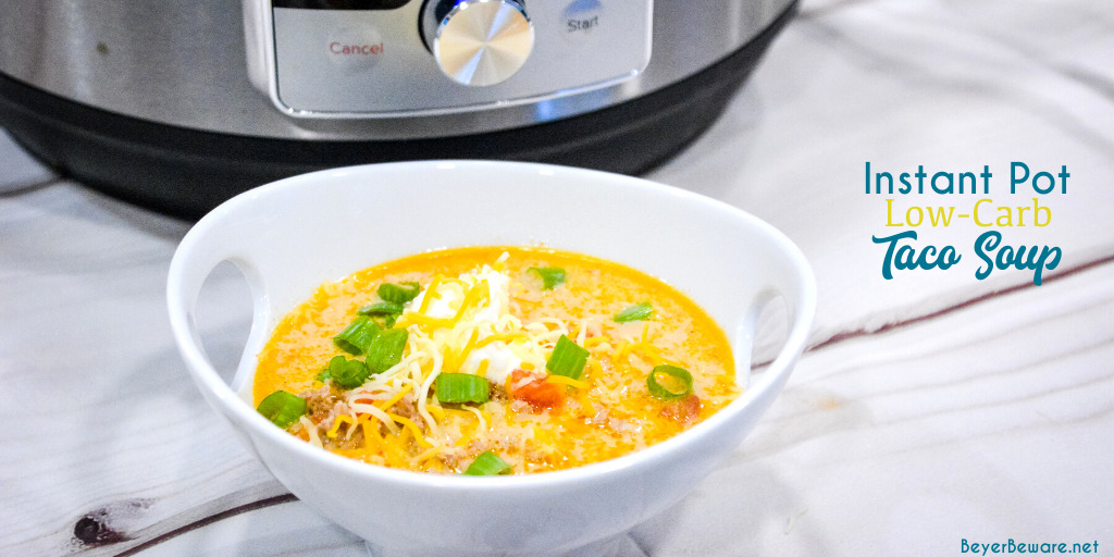 Instant Pot Low-Carb Taco Soup is a simple 5 ingredient taco soup that is done in under 30 minutes and is one of our favorite keto soup recipes.