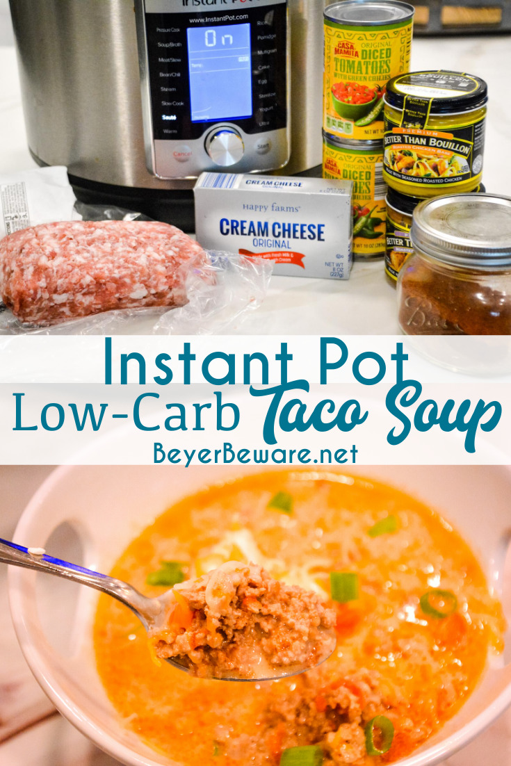 Instant Pot Low-Carb Taco Soup is a simple 5 ingredient taco soup that is done in under 30 minutes and is one of our favorite keto soup recipes.