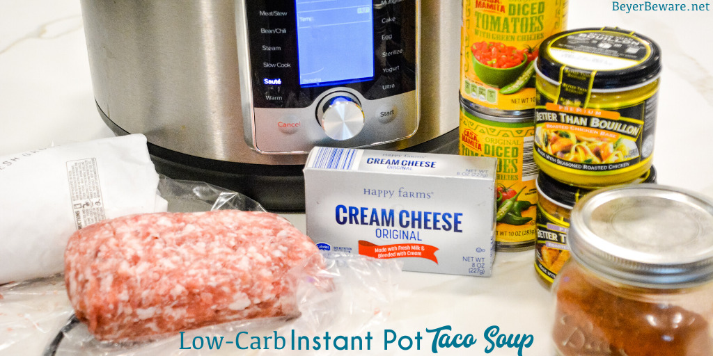 Instant Pot Low-Carb Taco Soup is a simple 5 ingredient taco soup that is done in under 30 minutes and is one of our favorite keto soup recipes.