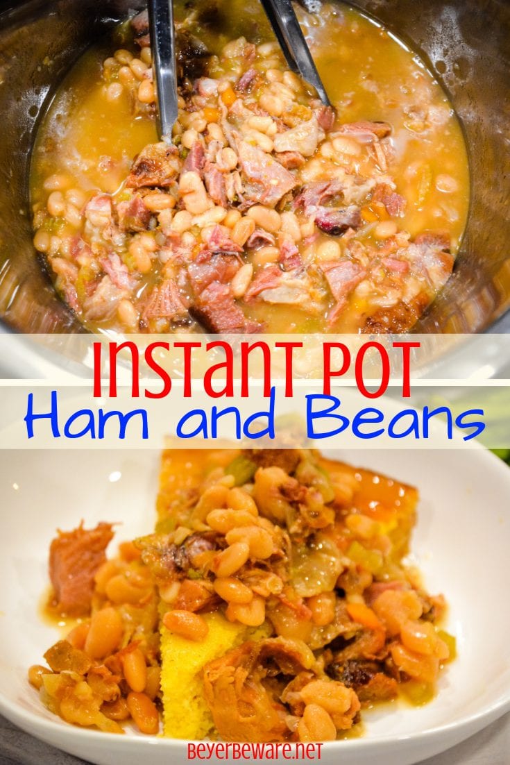 Instant Pot Ham and Beans served over freshly baked cornbread is the ultimate comfort food made in just a fraction of the time compared to a slow cooker.
