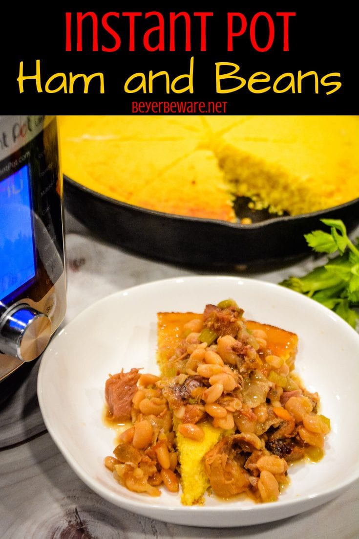 Instant Pot Ham and Beans served over freshly baked cornbread is the ultimate comfort food made in just a fraction of the time compared to a slow cooker.