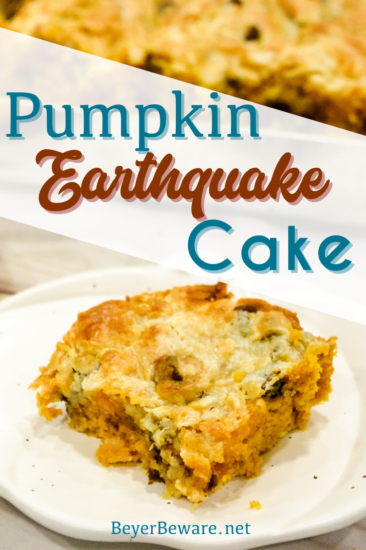 Pumpkin Chocolate Chip Earthquake Cake is the simple recipe of a three-ingredient cake with a buttery cream cheese and chocolate chip topping for the best pumpkin recipe. 