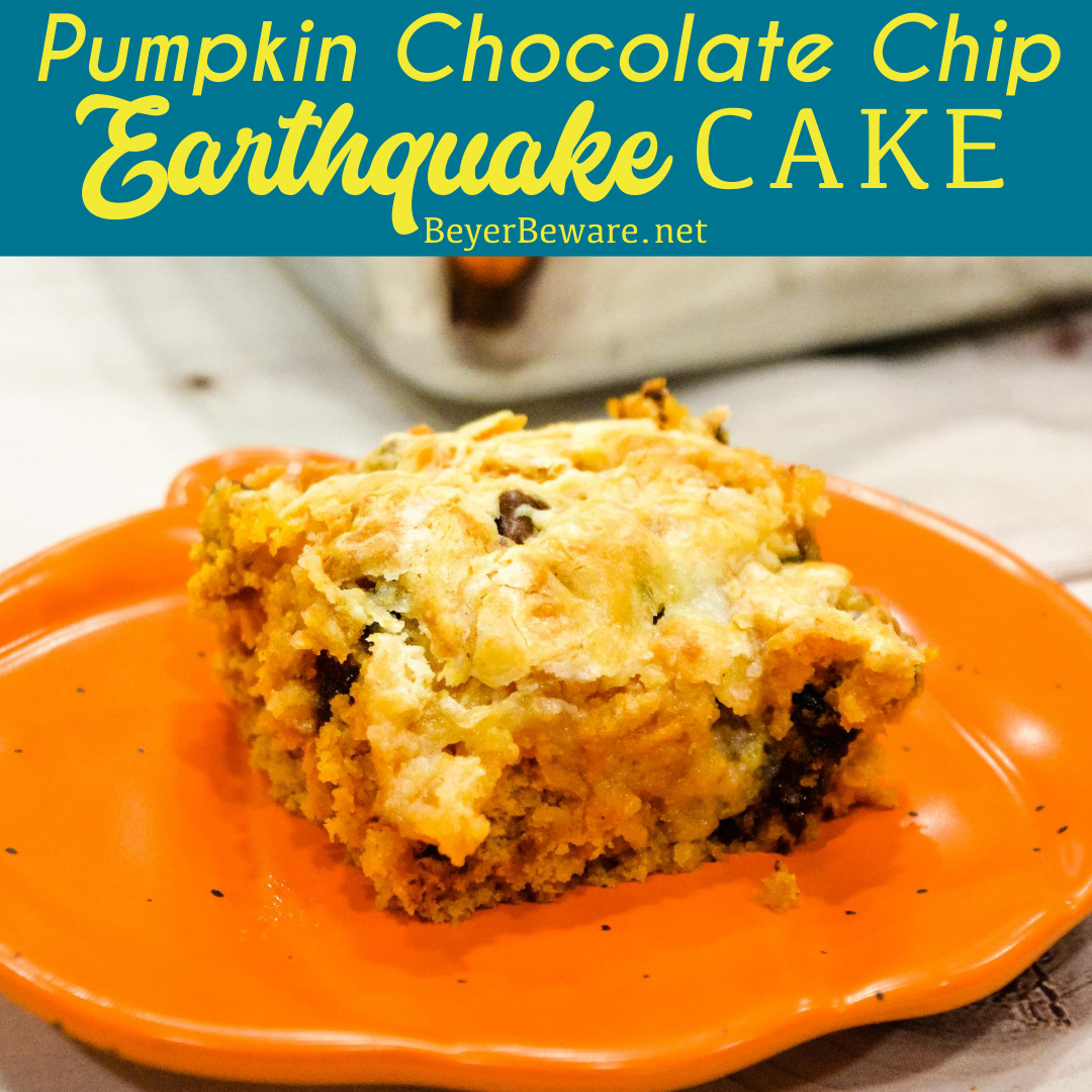 Pumpkin Chocolate Chip Earthquake Cake is the simple recipe of a three-ingredient cake with a buttery cream cheese and chocolate chip topping for the best pumpkin recipe. 