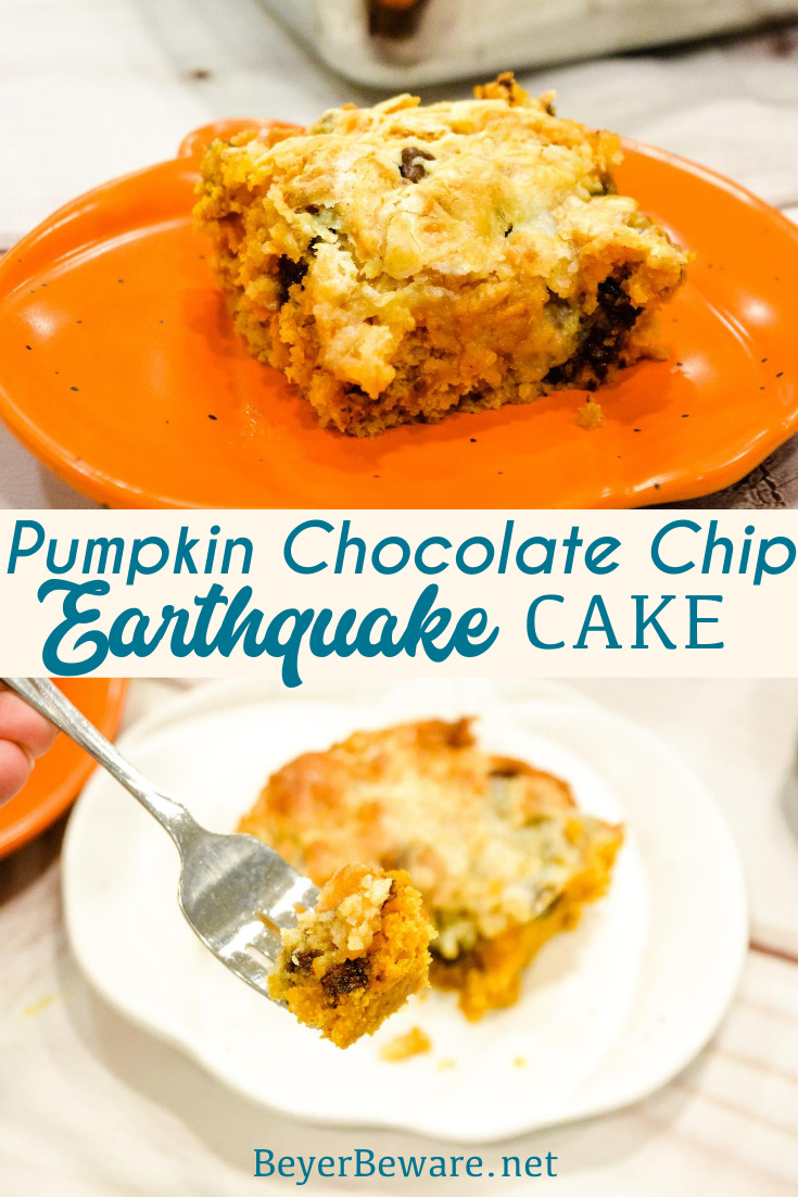 Pumpkin Chocolate Chip Earthquake Cake is the simple recipe of a three-ingredient cake with a buttery cream cheese and chocolate chip topping for the best pumpkin recipe. 