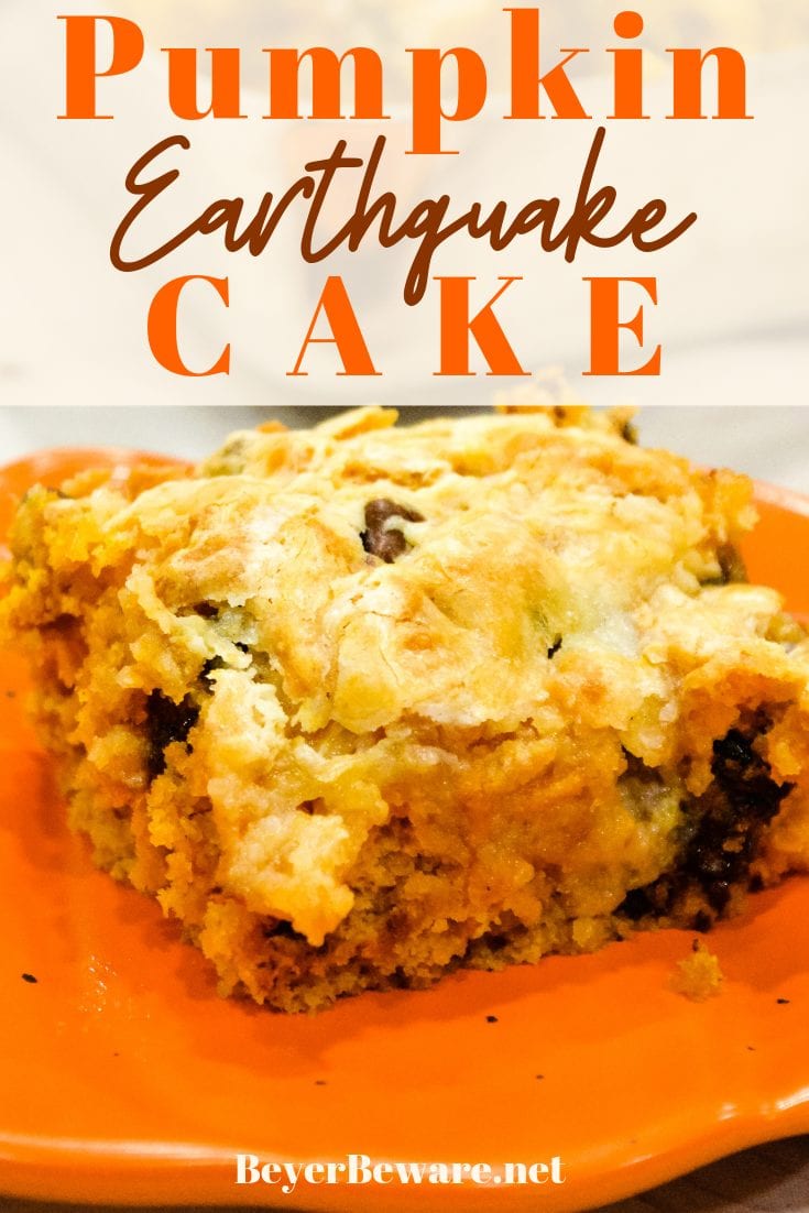 Pumpkin Chocolate Chip Earthquake Cake is the simple recipe of a three-ingredient cake with a buttery cream cheese and chocolate chip topping for the best pumpkin recipe.