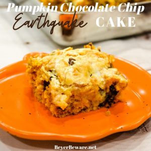 Pumpkin Chocolate Chip Earthquake Cake is the simple recipe of a three-ingredient cake with a buttery cream cheese and chocolate chip topping for the best pumpkin recipe.