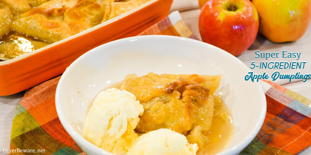 Easy Apple Dumplings recipe is a 5-ingredient apple dessert that is made with store-bought pie crusts, apples, cinnamon and sugar, butter, and simple cinnamon and sugar syrup for the easiest apple dumplings recipe ever.