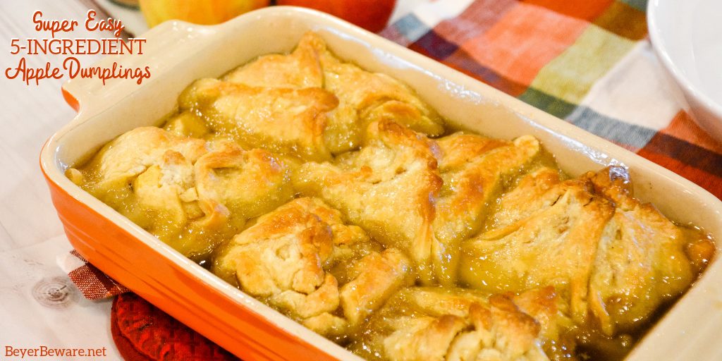 Super Easy 5-Ingredient Apple Dumplings are made with store-bought pie crusts, apples, cinnamon and sugar, butter, and a simple cinnamon and sugar syrup for the easiest apple dumplings recipe ever.