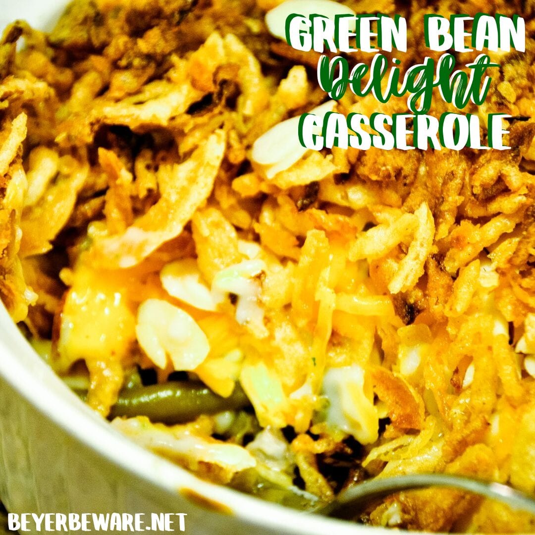 This green bean delight casserole is a dressed-up version of the original green bean casserole with the addition of some cheese and nuts to the recipe.