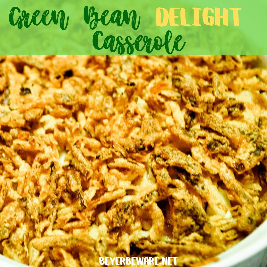 This green bean delight casserole is a dressed-up version of the original green bean casserole with the addition of some cheese and nuts to the recipe.