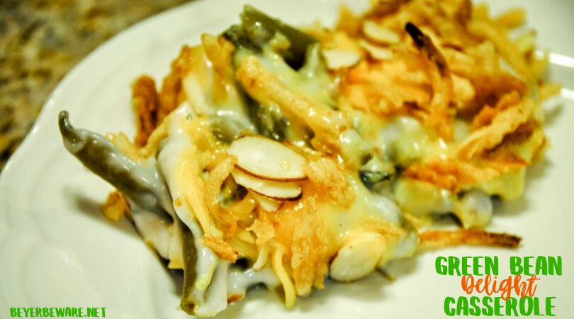 This green bean delight casserole is a dressed-up version of the original green bean casserole with the addition of some cheese and nuts to the recipe.