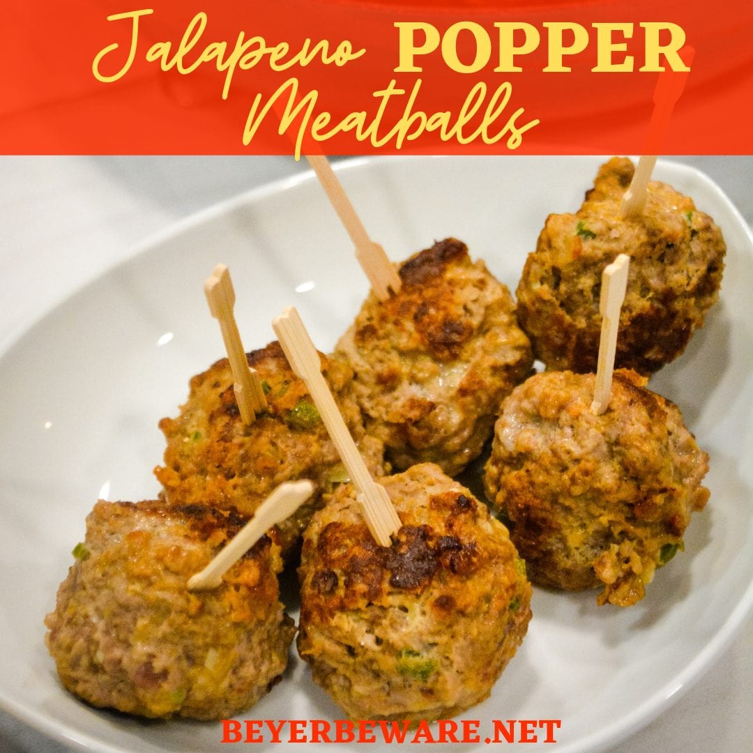 Low-Carb Jalapeno Popper Meatballs combine hamburger with chopped jalapenos, cream cheese, cheddar cheese, and lots of seasoning for the perfect gameday appetizer or quick dinner recipe.