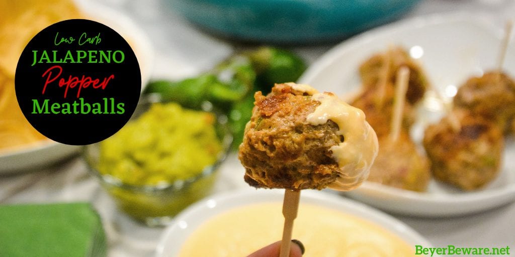 Low-Carb Jalapeno Popper Meatballs combine hamburger with chopped jalapenos, cream cheese, cheddar cheese, and lots of seasoning for the perfect gameday appetizer or quick dinner recipe.