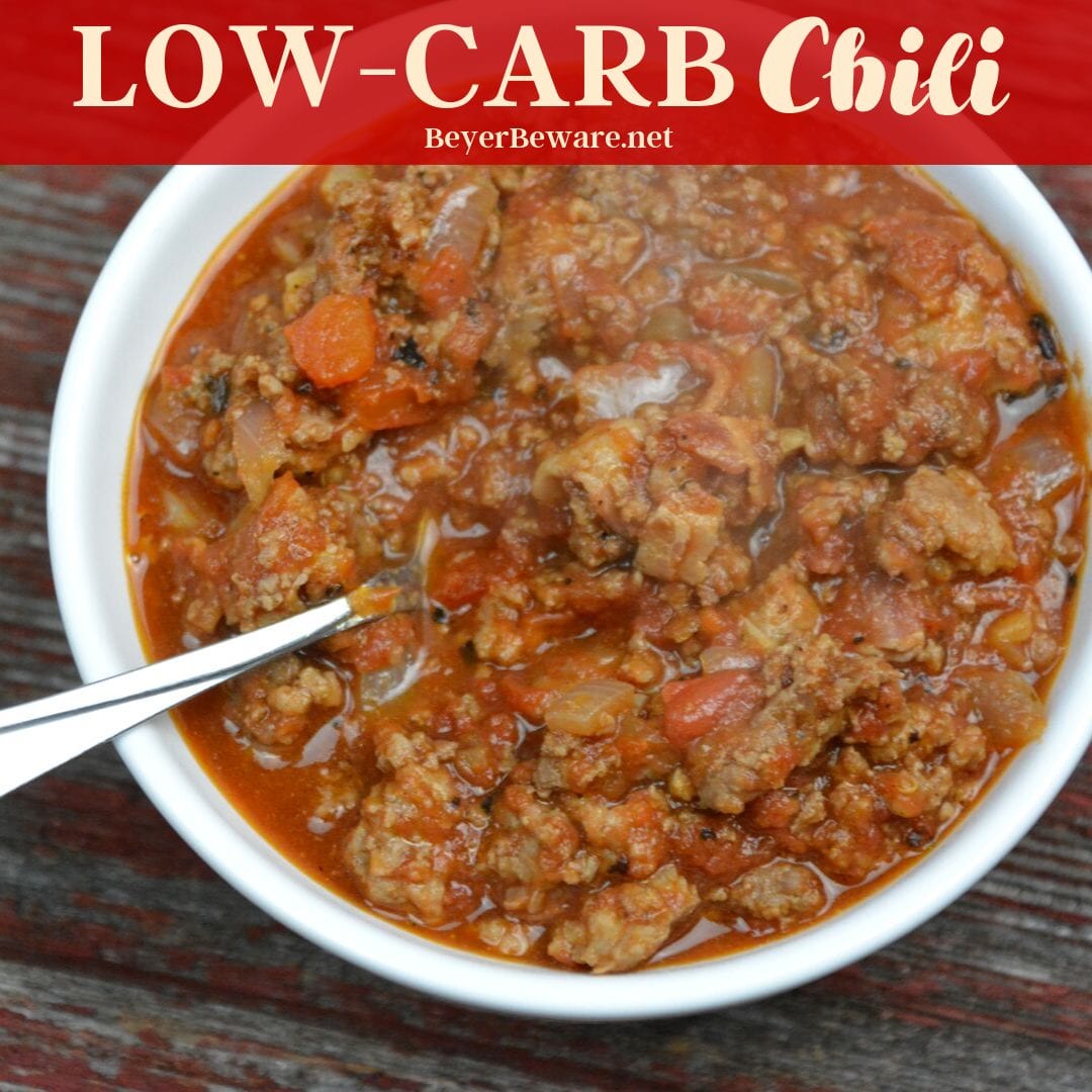 Low-Carb Chili is the perfect combination of flavors with a base of smokey bacon, onions and ground beef that becomes perfection with the addition of tomatoes and chili seasonings. 