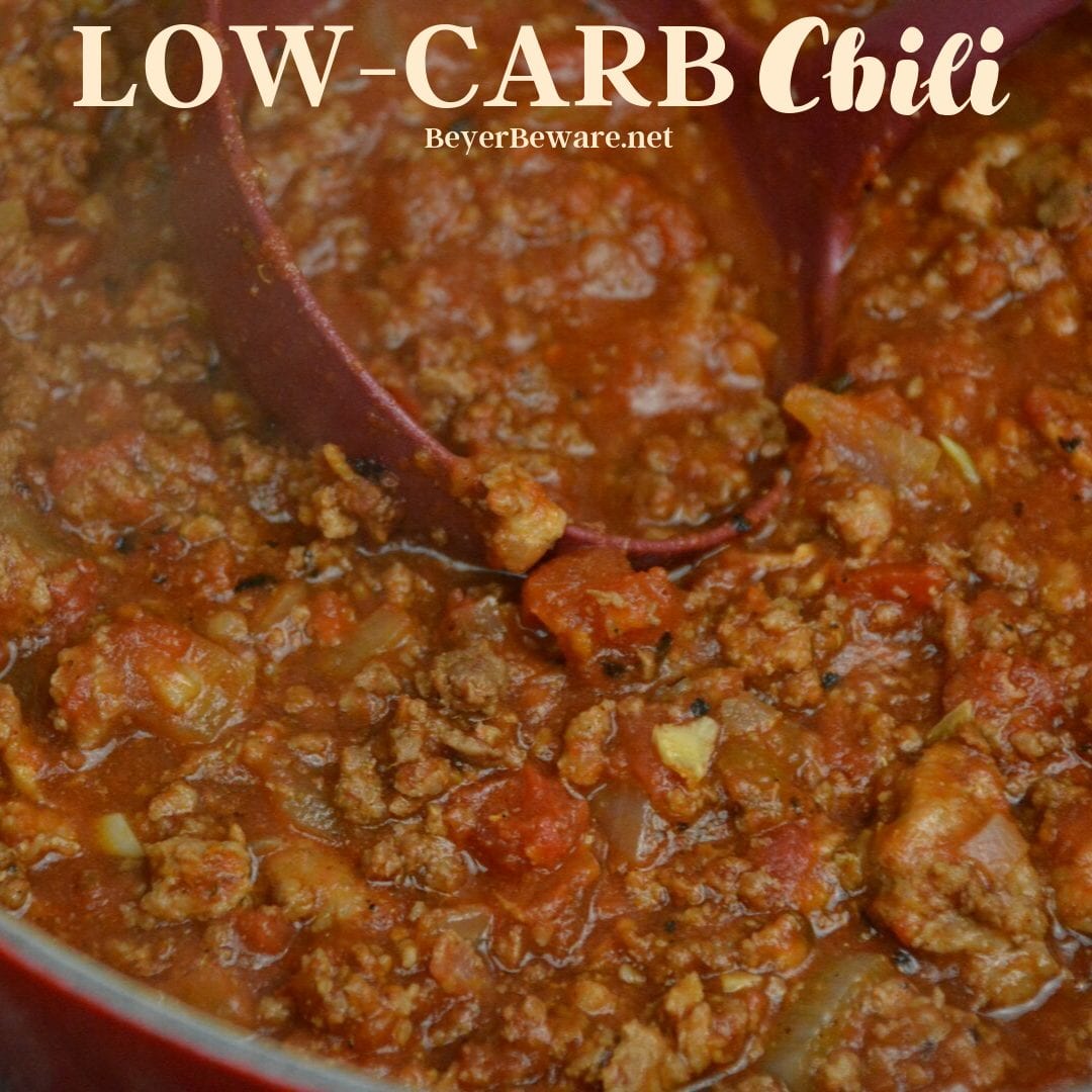 Low-Carb Chili is the perfect combination of flavors with a base of smokey bacon, onions and ground beef that becomes perfection with the addition of tomatoes and chili seasonings. 