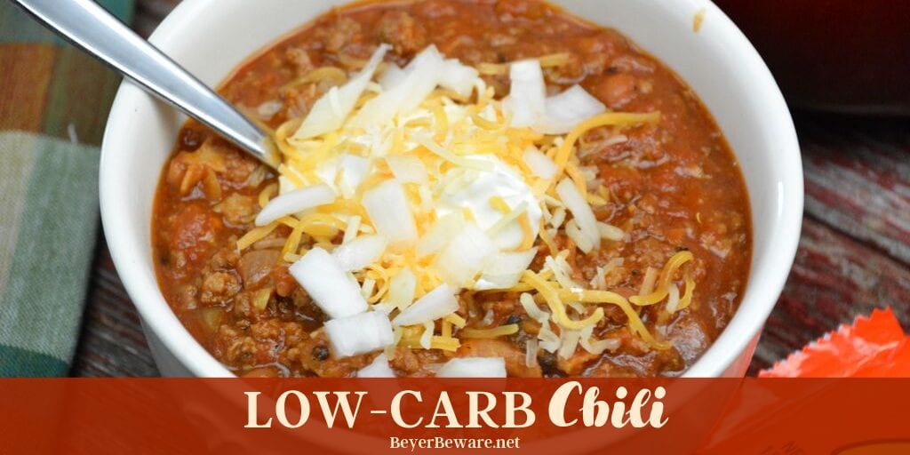 Low-Carb Chili is the perfect combination of flavors with a base of smokey bacon, onions and ground beef that becomes perfection with the addition of tomatoes and chili seasonings. 