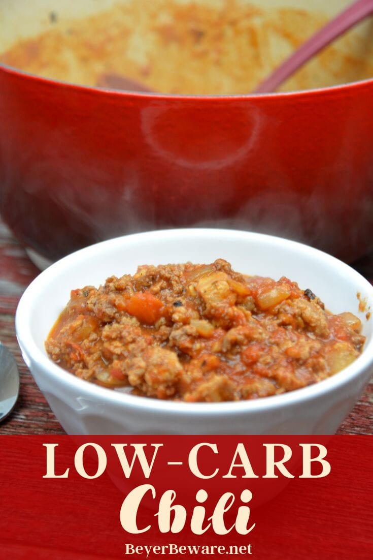 Low-Carb Chili is the perfect combination of flavors with a base of smokey bacon, onions and ground beef that becomes perfection with the addition of tomatoes and chili seasonings. 