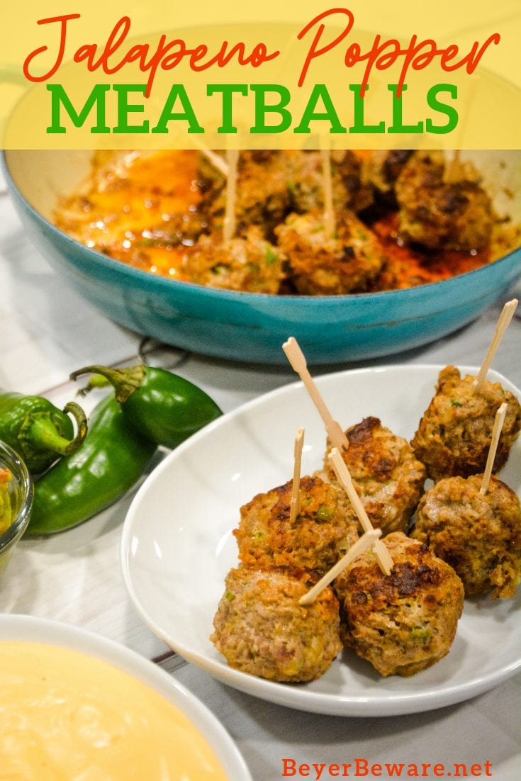 Low-Carb Jalapeno Popper Meatballs combine hamburger with chopped jalapenos, cream cheese, cheddar cheese, and lots of seasoning for the perfect gameday appetizer or quick dinner recipe.