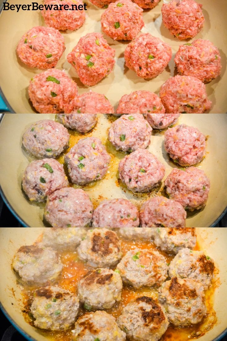 Low-Carb Jalapeno Popper Meatballs combine hamburger with chopped jalapenos, cream cheese, cheddar cheese, and lots of seasoning for the perfect gameday appetizer or quick dinner recipe. #Recipes #Meatballs #LowCarb #Keto #Spicy