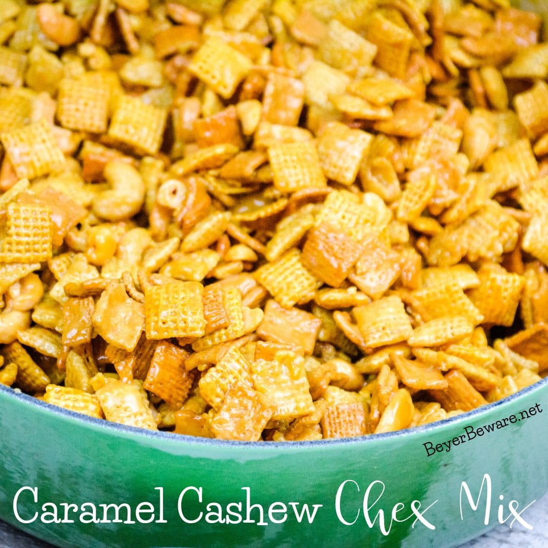 Caramel Cashew Chex Mix is a sweet caramel coated Chex and Golden Graham cereal mix that also includes the buttery and salty addition of cashews.