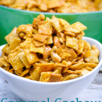 Caramel cashew chex mix is a sweet snack mix that combines Chex, Golden Grahams, and cashews for a sweet and salt chex mix recipe.