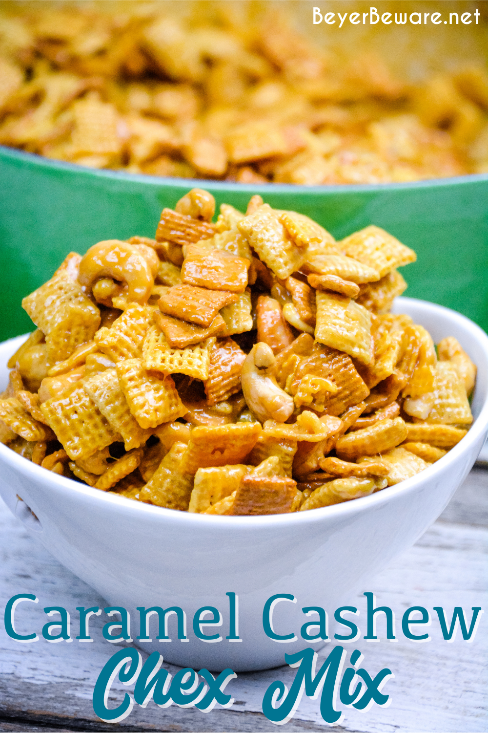 Caramel cashew chex mix is a sweet snack mix that combines Chex, Golden Grahams, and cashews for a sweet and salt chex mix recipe.