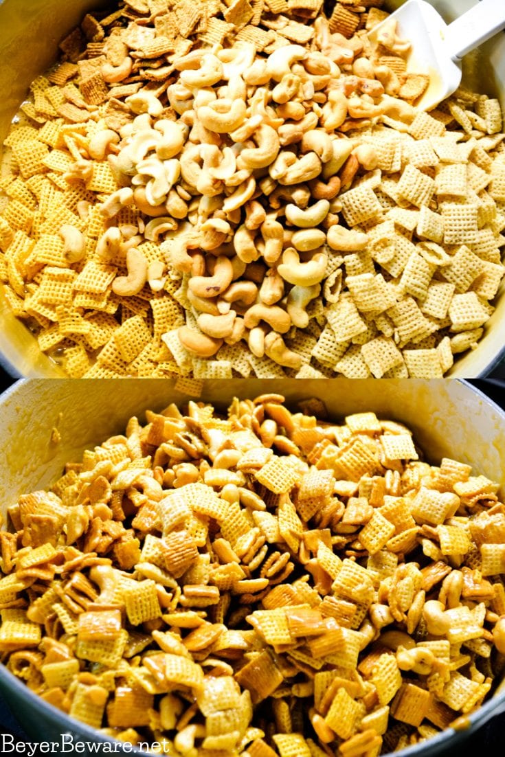 Caramel Cashew Chex Mix is a sweet caramel coated Chex and Golden Graham cereal mix that also includes the buttery and salty addition of cashews.
