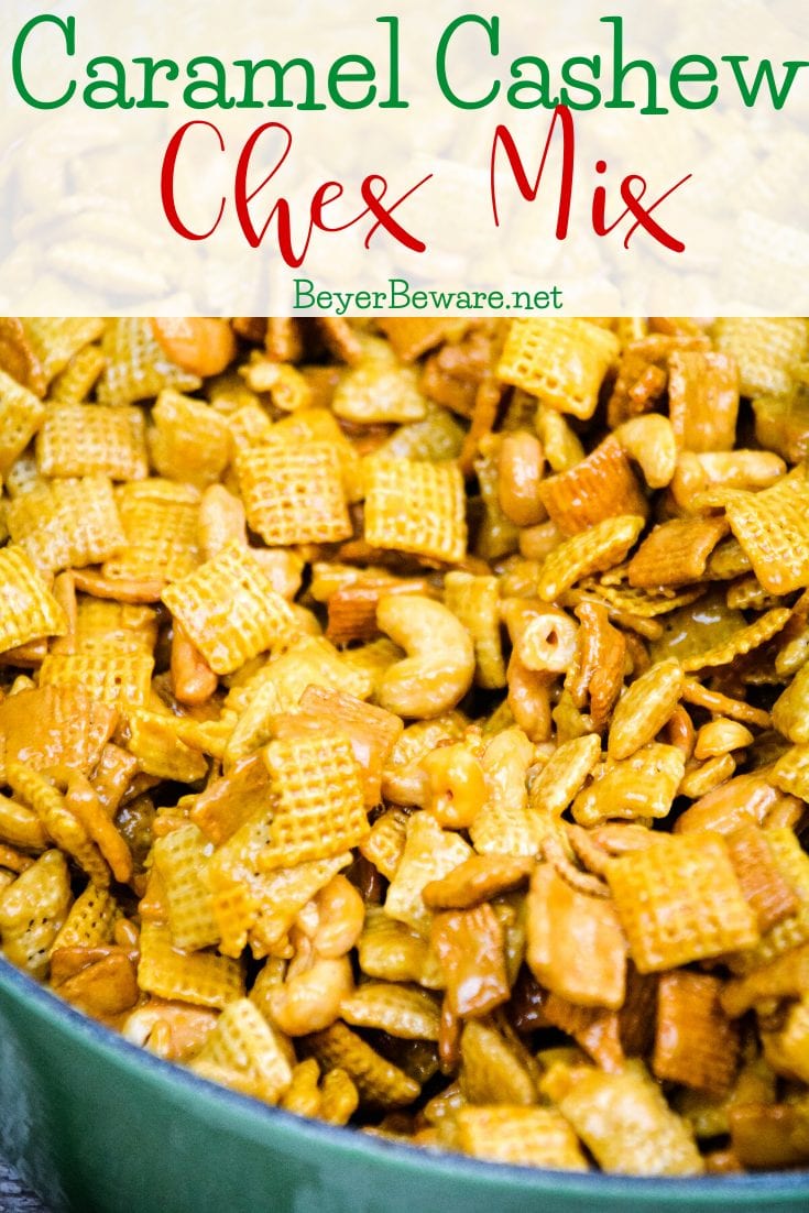 Caramel Cashew Chex Mix is a sweet caramel coated Chex and Golden Graham cereal mix that also includes the buttery and salty addition of cashews.