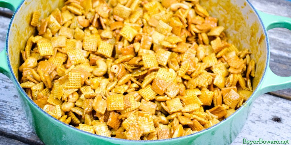 Caramel Cashew Chex Mix is a sweet caramel coated Chex and Golden Graham cereal mix that also includes the buttery and salty addition of cashews.