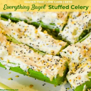 Everything Bagel Stuffed Celery is a low-carb appetizer that combines everything bagel seasoning with cream cheese and then stuffed in celery to make a simple 3-ingredient keto snack.