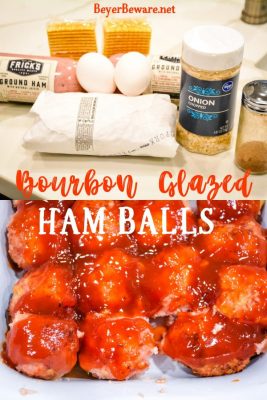 Bourbon Glazed Ham Balls are a pork lovers dream with the combination of ground ham and ground pork along with onion, crackers, and egg combine with my pork seasoning and drenched in a sweet bourbon glaze for the best pork meatball around. #Ham #Hamballs #Bourbon #Meatballs #Appetizers