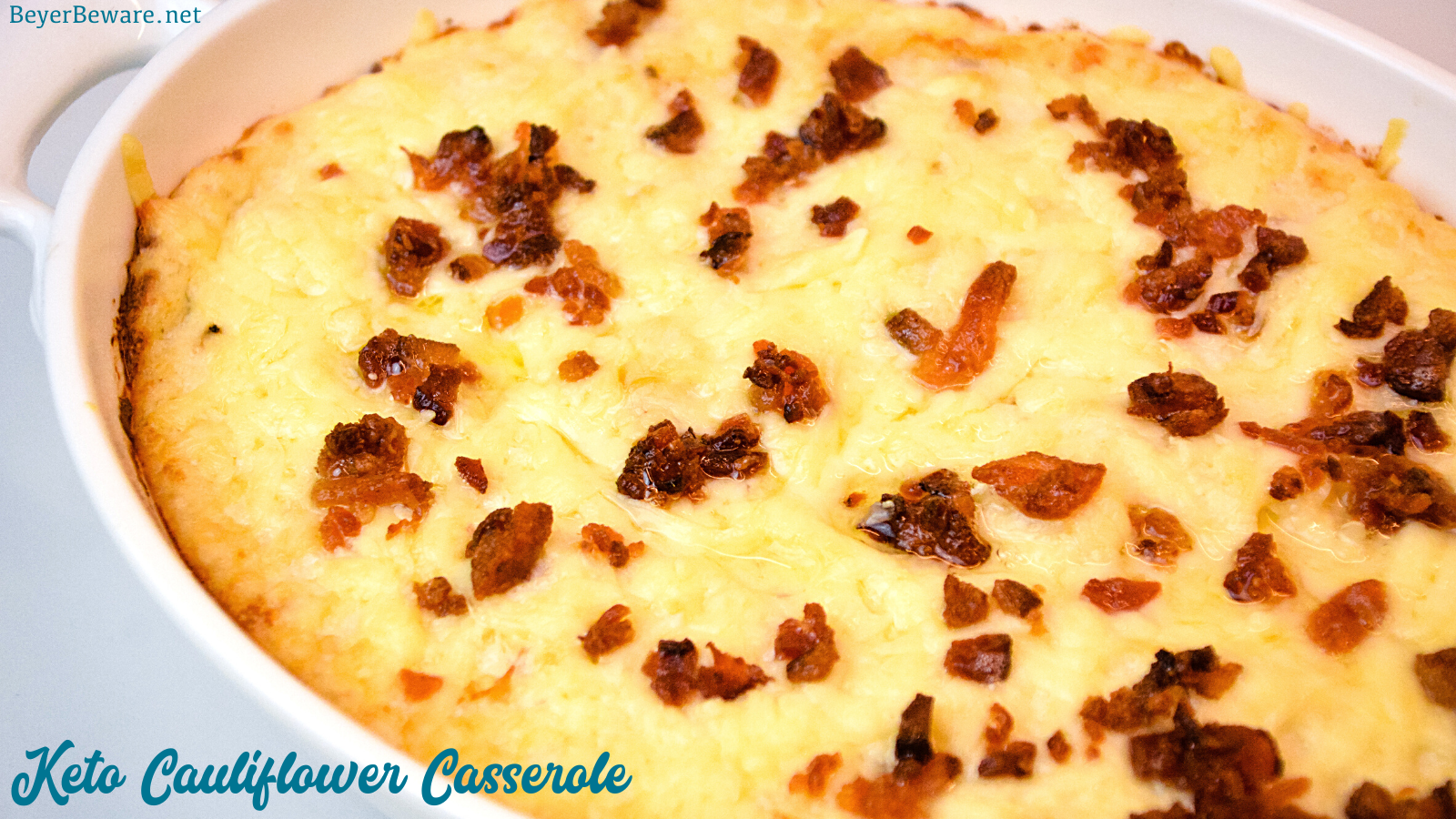 Keto cauliflower casserole is a loaded mashed cauliflower with white cheddar cheese and bacon to substitute for your mashed potatoes.