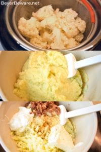 Keto loaded mashed cauliflower casserole is loaded with white cheddar cheese and bacon while made smooth as mashed potatoes with sour cream and cream cheese as it bakes to perfection. #Keto #LowCarb #KetoSideDishes #KetoRecipes #Recipes #Cauliflower