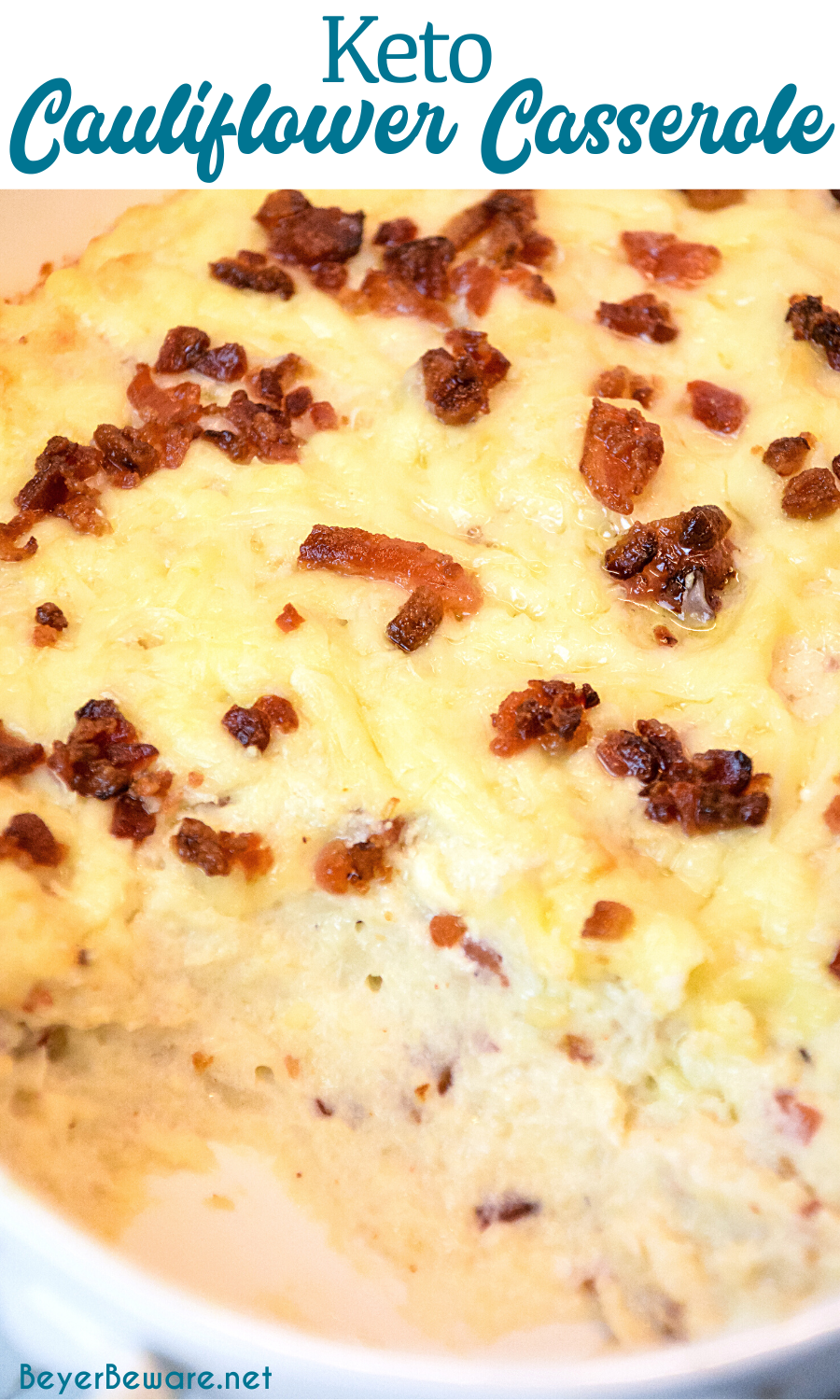 Keto cauliflower casserole is a loaded mashed cauliflower with white cheddar cheese and bacon to substitute for your mashed potatoes.