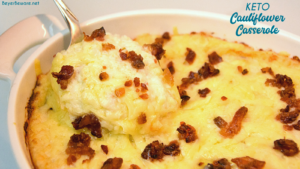 Keto cauliflower casserole is a loaded mashed cauliflower with white cheddar cheese and bacon to substitute for your mashed potatoes.