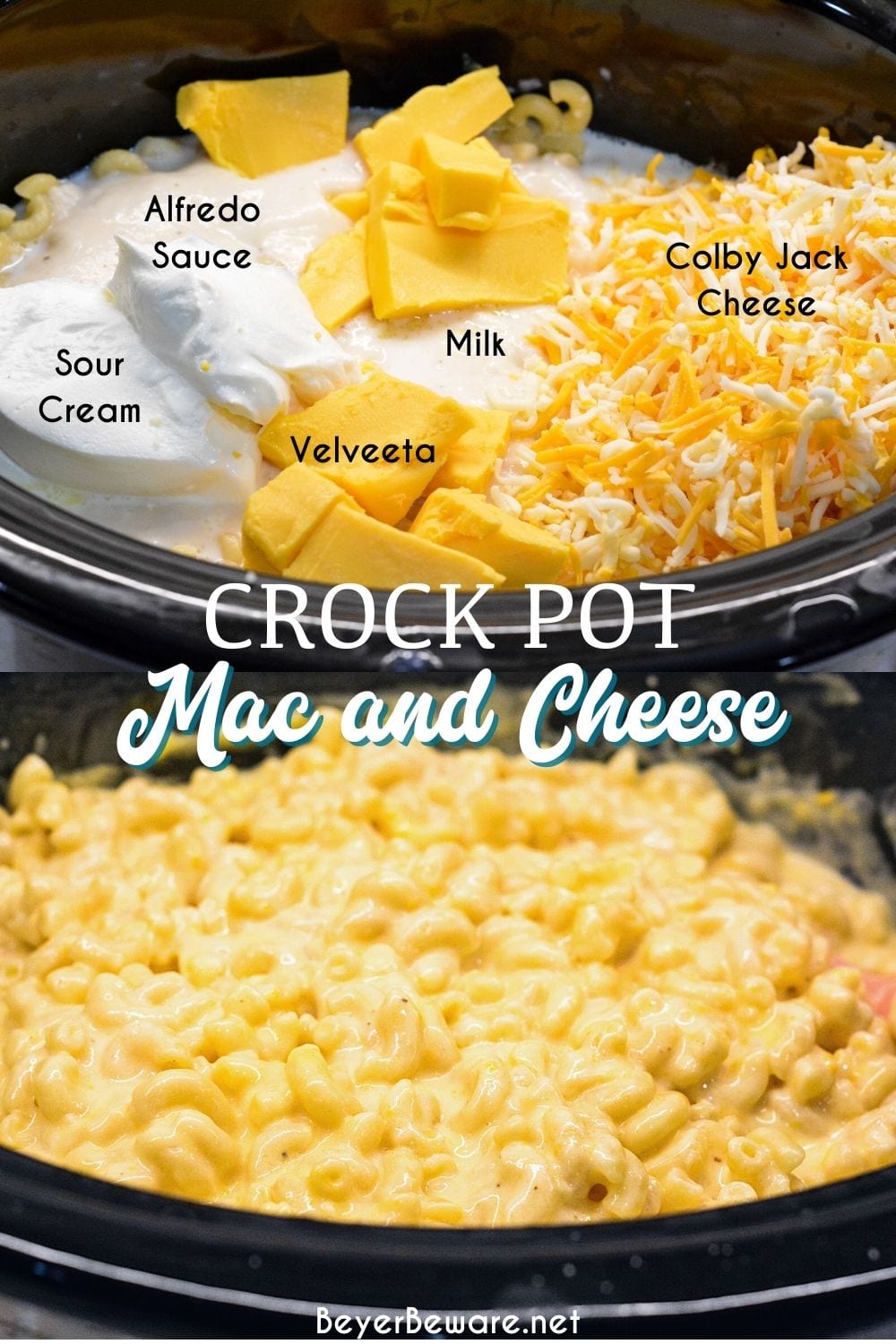 Crock pot mac and cheese recipe is made with alfredo sauce, sour cream, velveeta for ultimate slow cooker mac n cheese.