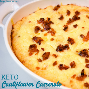 Keto cauliflower casserole is a loaded mashed cauliflower with white cheddar cheese and bacon to substitute for your mashed potatoes.